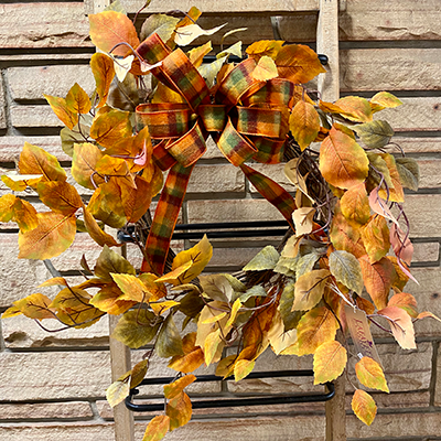 Autumn Leaf Wreath with Plaid Bow