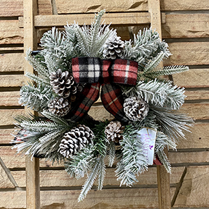 Mini Flocked Wreath with Black & Red Plaid Bow