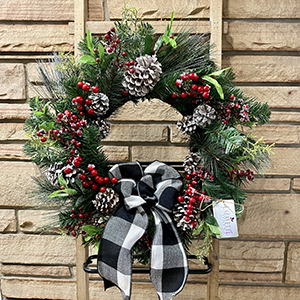 Berries & Pinecones Wreath with Black & White Plaid Bow